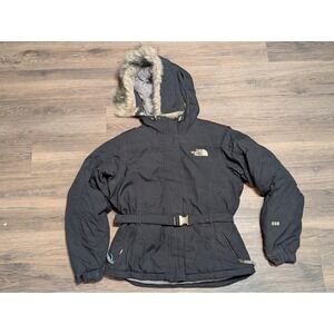 The North Face Womens 550 Down Belted Parka Jacket Black Faux Fur Hood S READ